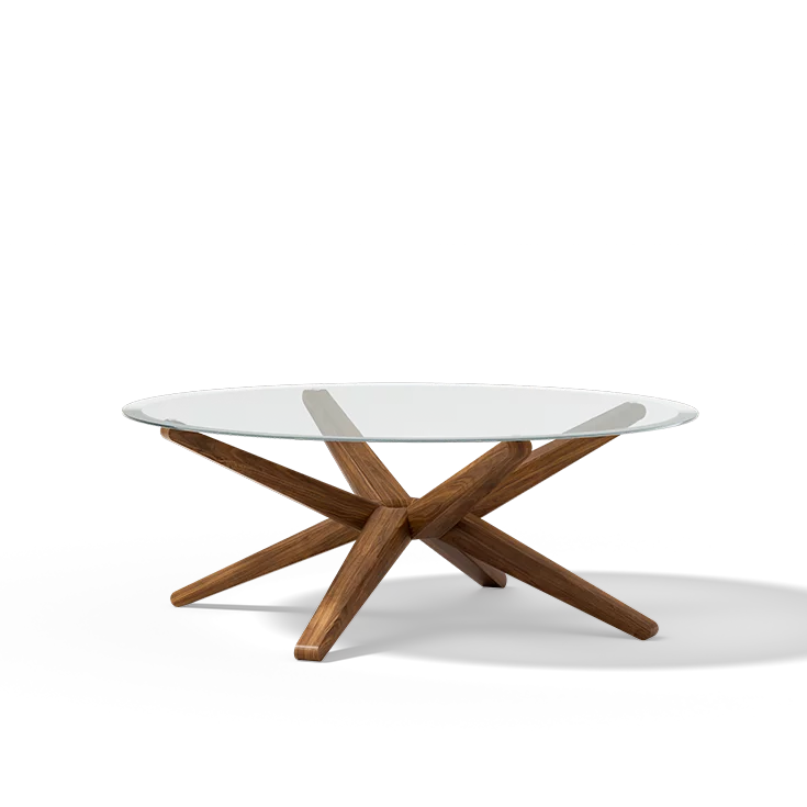 stern Couchtisch aus Massivholz Nussbaum mit runder Glasplatte