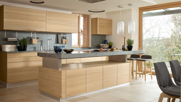 modern real wood kitchen k7 island and wall unit linee in oak white oil with worktop atlantis and ark bar stools