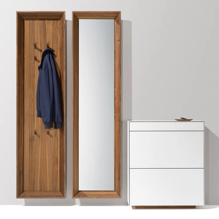 shoe flap chest of drawers cubus and hallway haiku with coat rack and hanging mirror in walnut