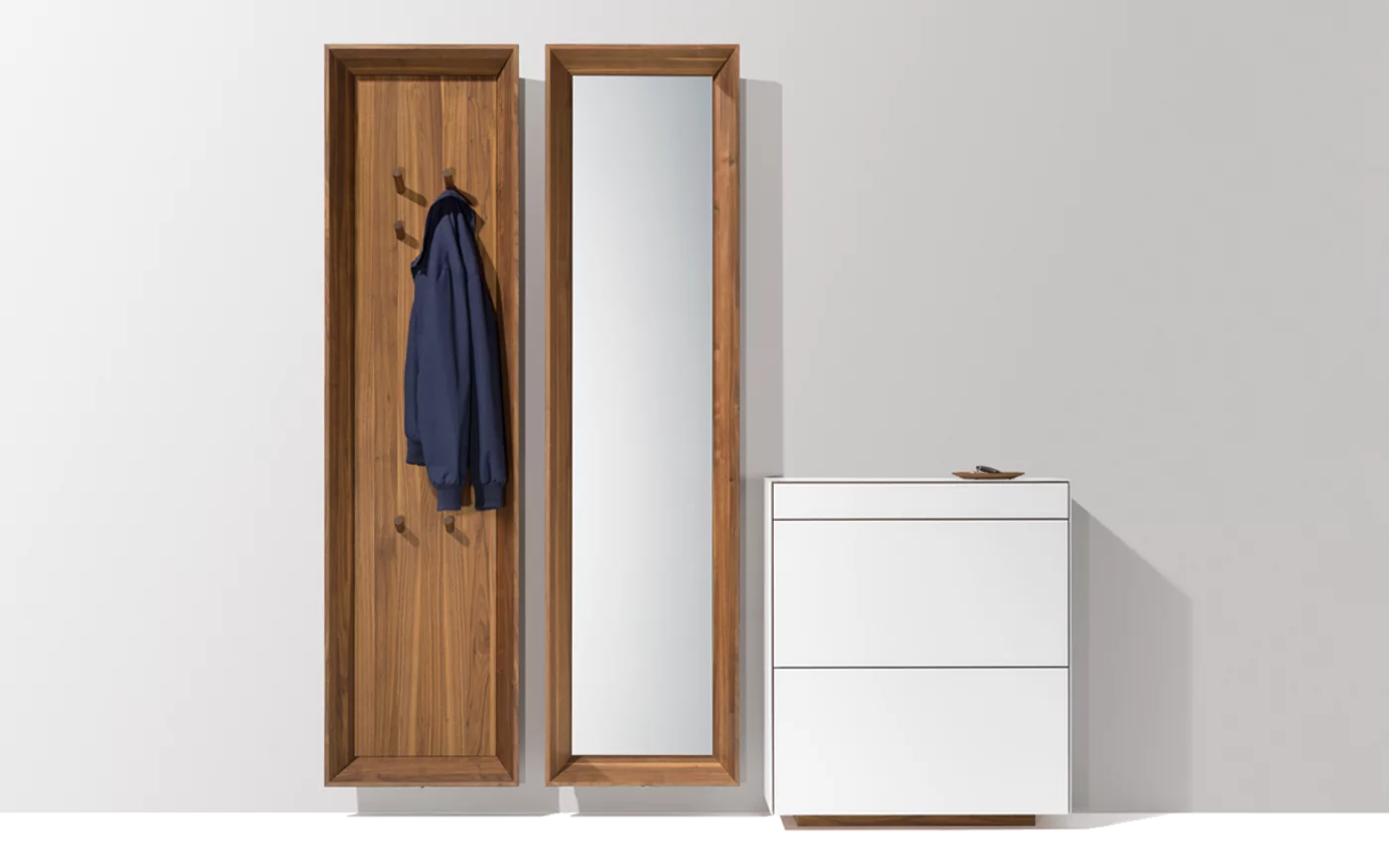 shoe flap chest of drawers cubus and hallway haiku with coat rack and hanging mirror in walnut