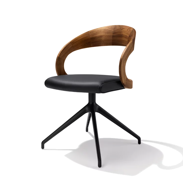 comfortable swivel chair girado with leather seat, frame in matt black and backrest in walnut