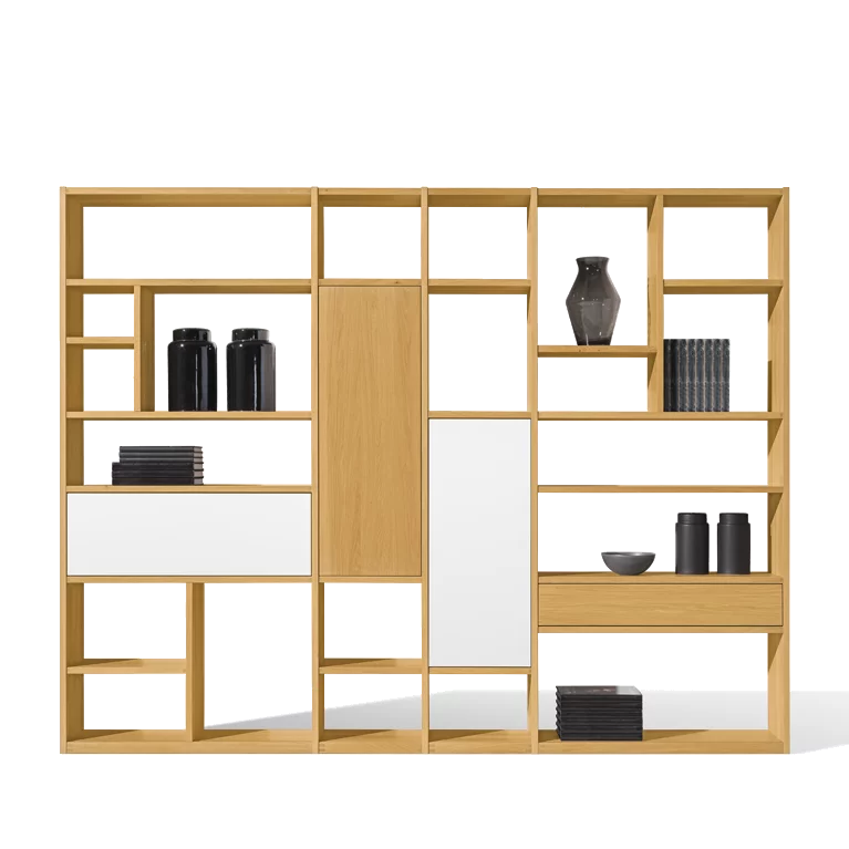 simple cubus bookcase made of solid oak with revolving door, flap and drawer