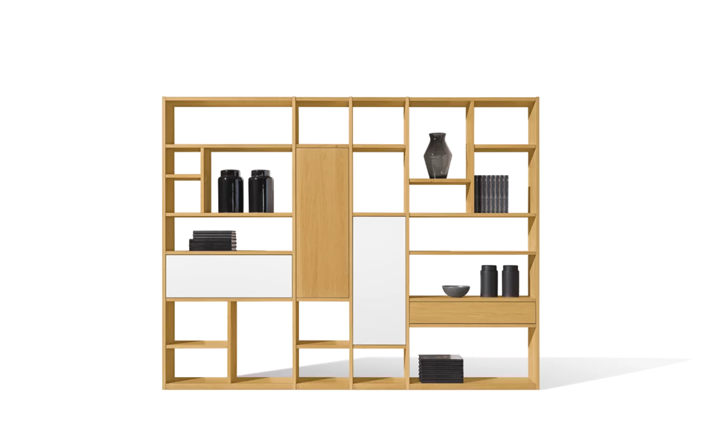 simple cubus bookcase made of solid oak with revolving door, flap and drawer