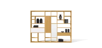 schlichtes cubus Bücherregal aus Massivholz Eiche mit Drehtür, Klappe und Lade