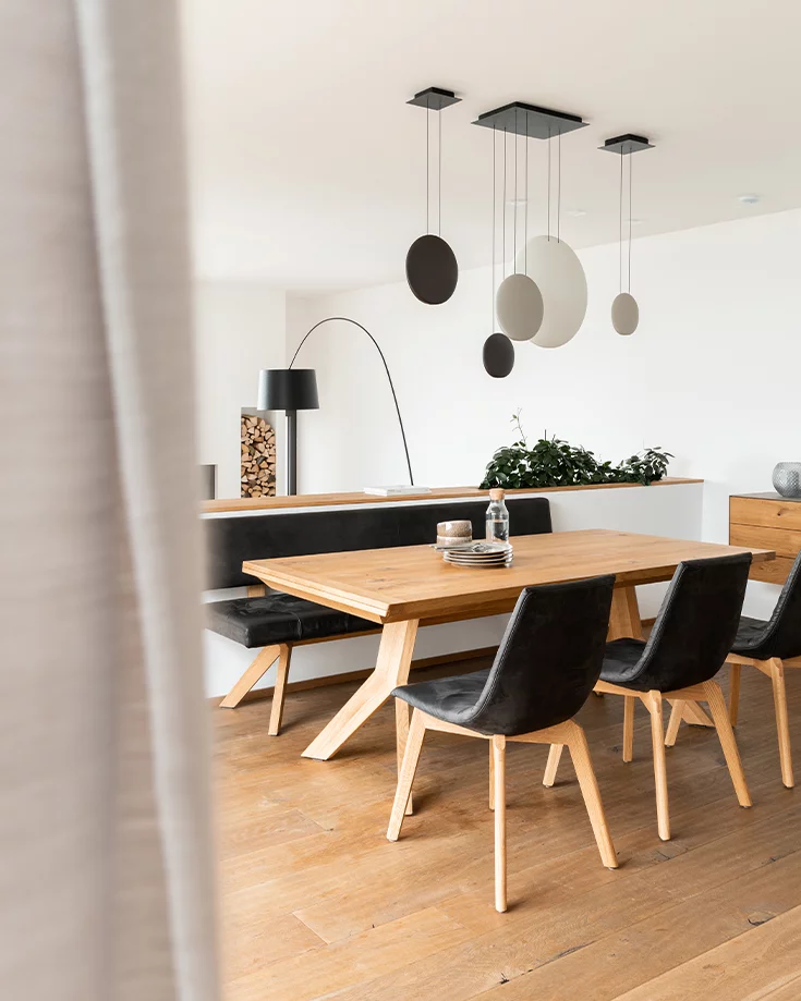 yps extendable dining table in natural wild oak with lui wooden base and the timeless yps upholstered bench with backrest