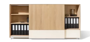 Schiebetürsideboard in Eiche Weißöl mit Farbglas naturweiß