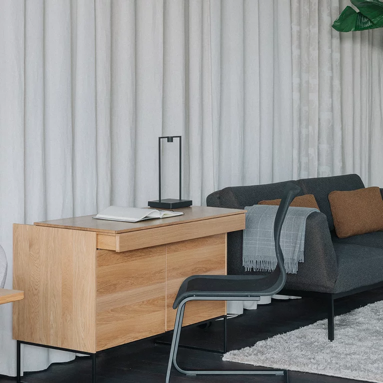 filigno secretary in solid oak with magnum chair, stern coffee table and clip side table