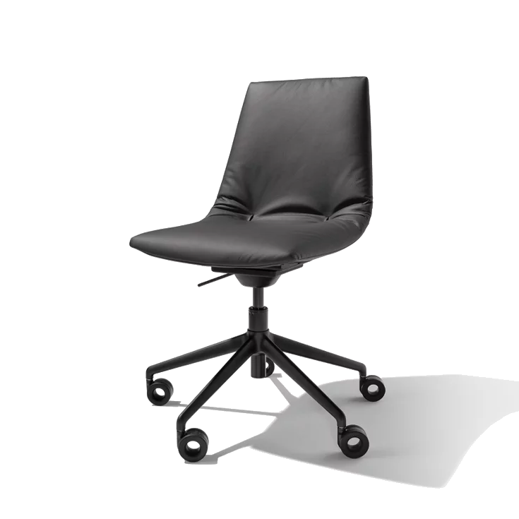 front view of lui office swivel chair in leather on black matt swivel base with castors