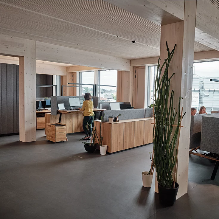 Office space in the TEAM 7 World with height-adjustable pisa desks and mobile pedestals from TEAM 7 in solid wood