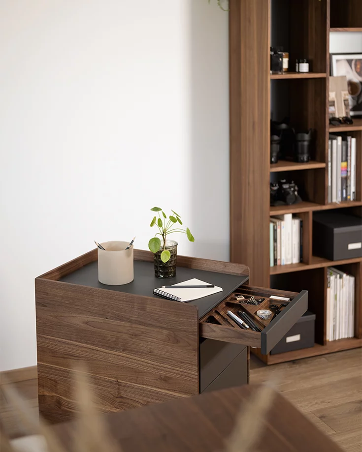 Schreibtischcontainer mit Laden vor Büroregal in Massivholz und Naturleder pisa Schreibtischcontainer mit Laden und Deckplatte in Leder vor graphic Büroregal in Nussbaum Massivholz