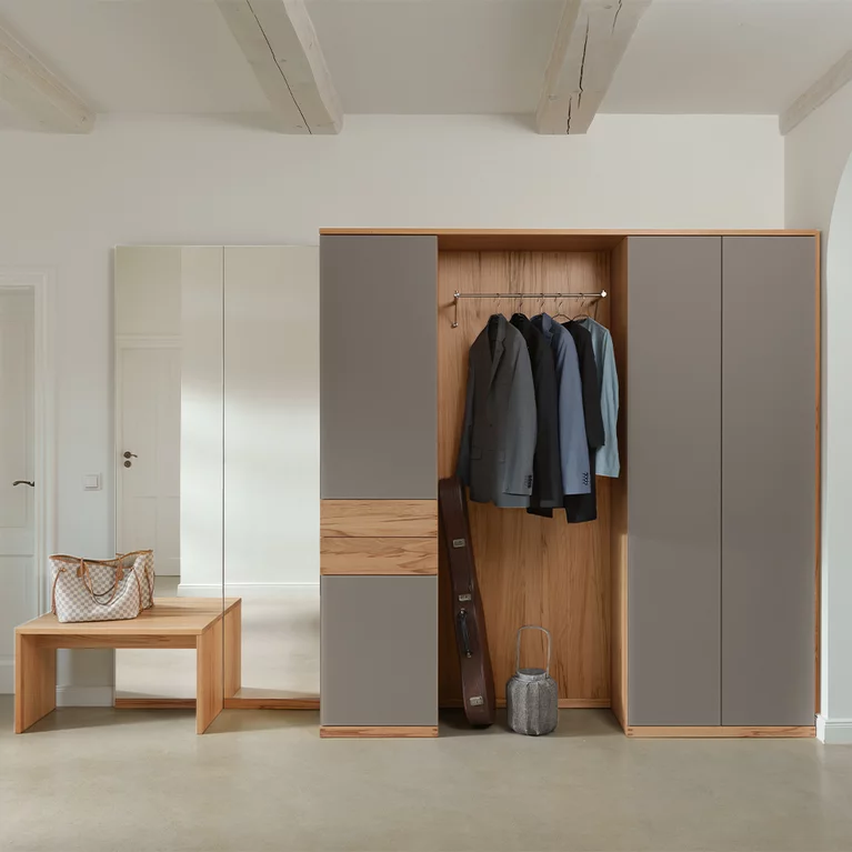 cubus wardrobe combination with mirror and hall bench in solid beech heartwood and taupe coloured glass