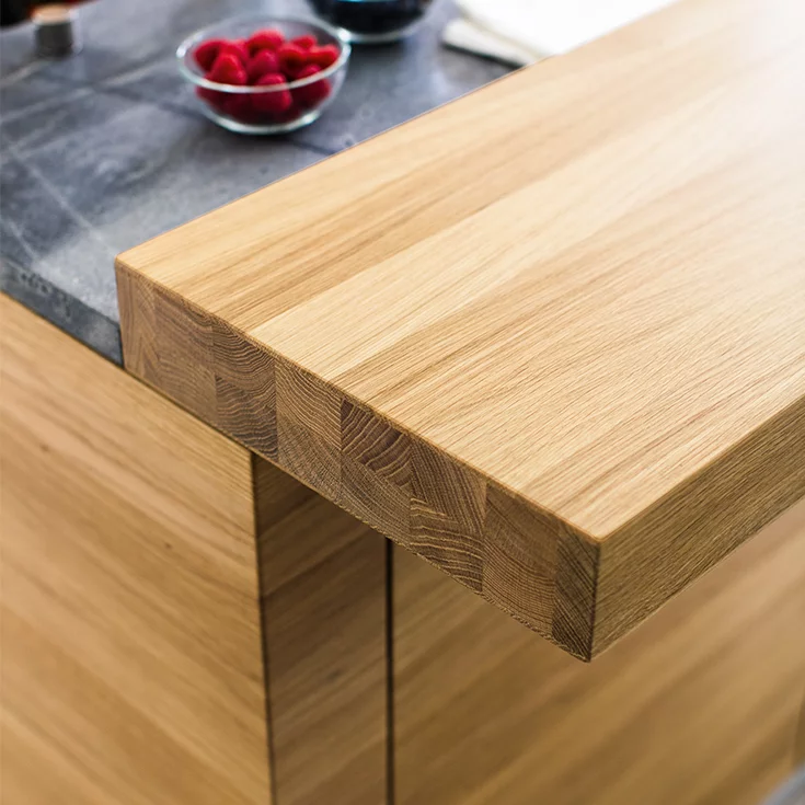 real wood kitchen linee in oak with bar top, detailed view