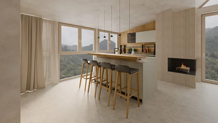 Custom-made linee kitchen in oak to match the ark bar stools at TEAM 7 Kitchen Vienna Custom-made linee kitchen in oak with sign niche element matching the ark bar stools at TEAM 7 Kitchen Vienna