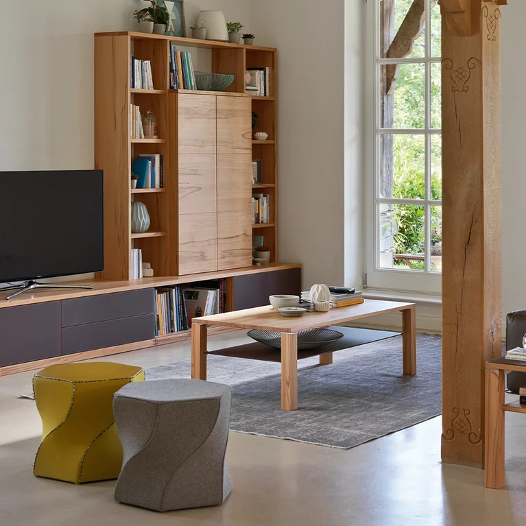 cubus square living room table made of solid beech heartwood with glass shelf for additional storage space