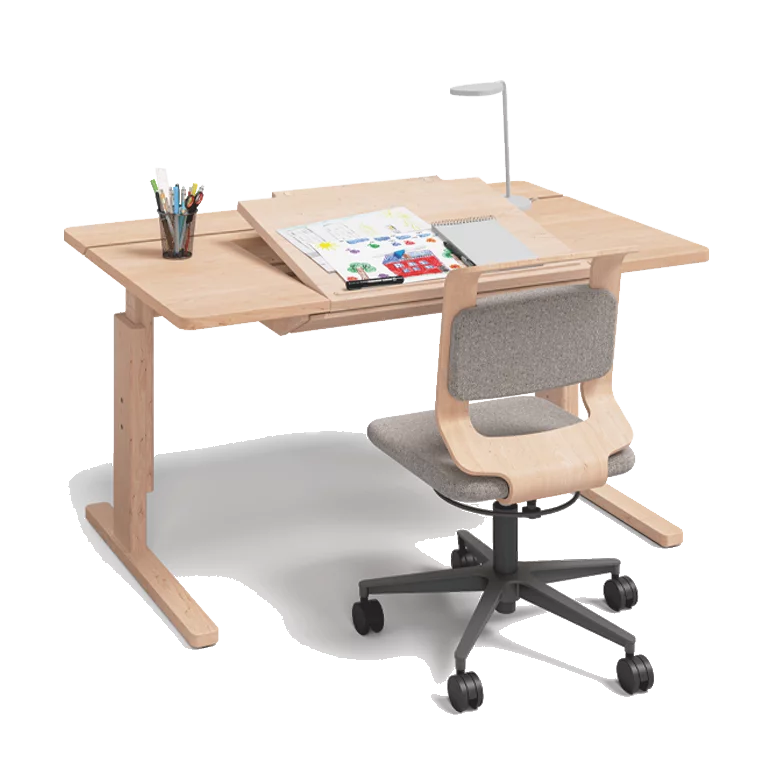 kids Schreibtischstuhl in Buche Weißöl mit dem kids Schreibtisch in Erle Weißöl