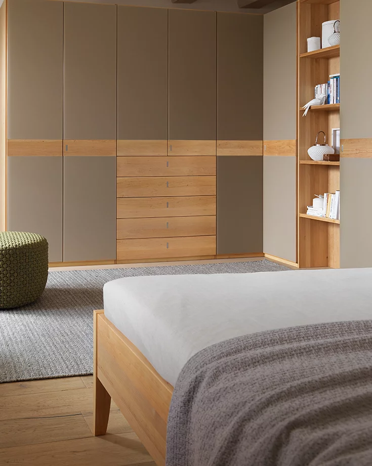 sesam wooden bed in alder with an elegant hinged door wardrobe