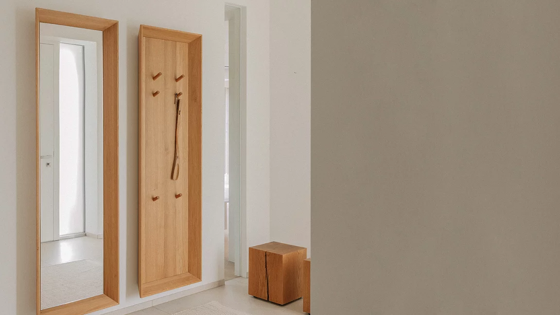 haiku mirror panel and wardrobe panel with natural wood block in natural oak oil