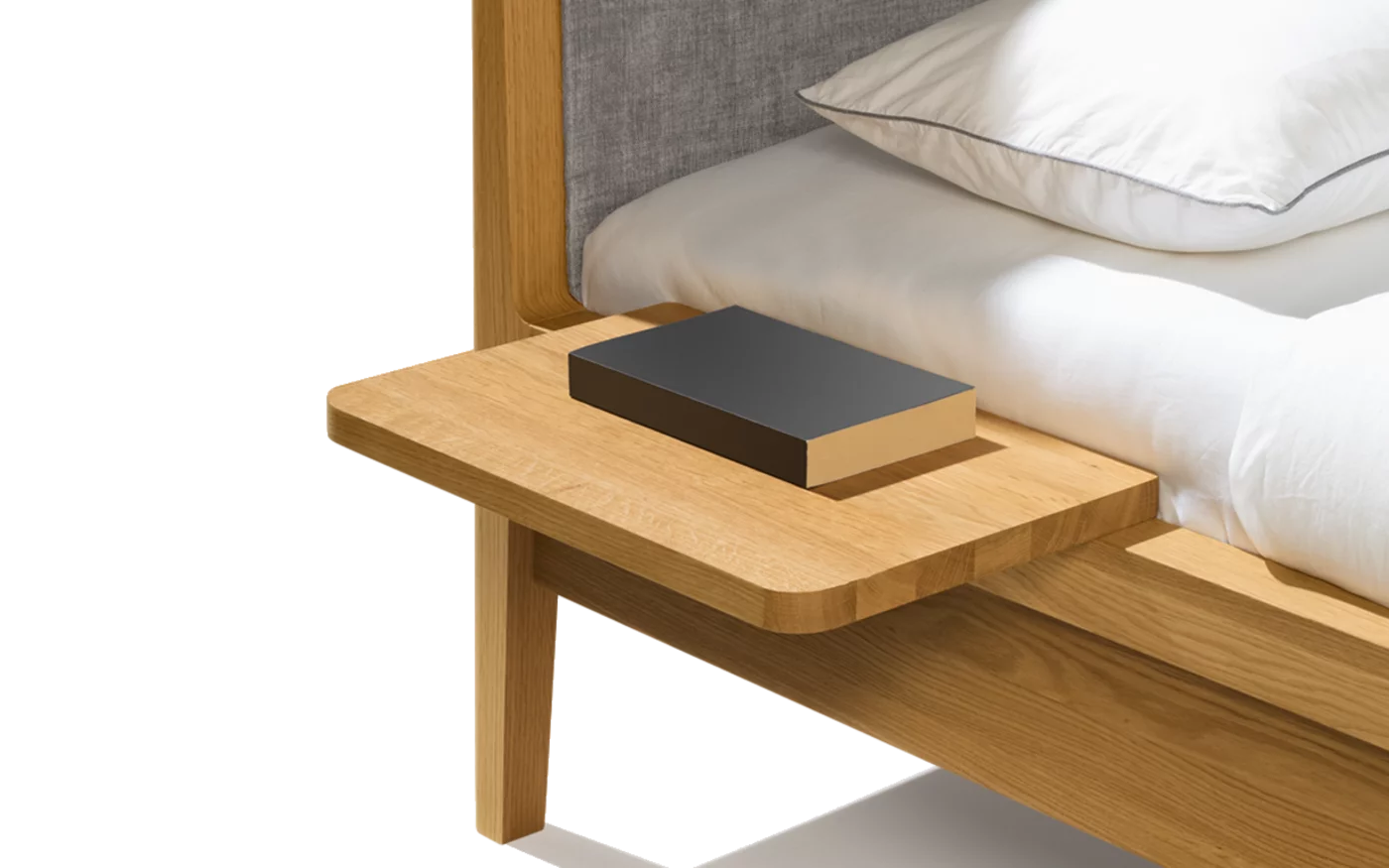 mylon Bett mit Nachtkonsole und Polsterhaupt in Eiche massiv, Detailansicht