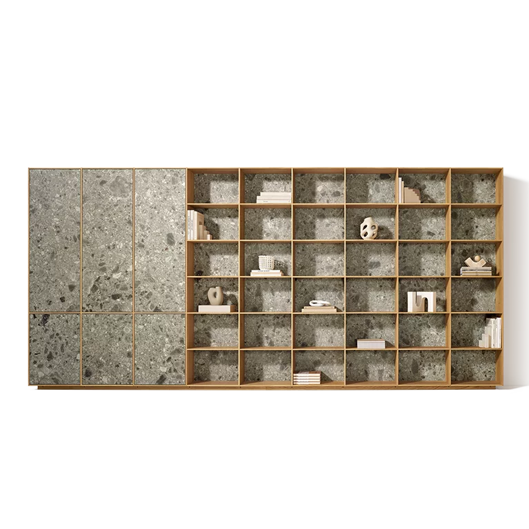 Modernes Massivholzregal filigno aus Eiche Naturöl mit MDi iseo gries Türen und Rückwänden