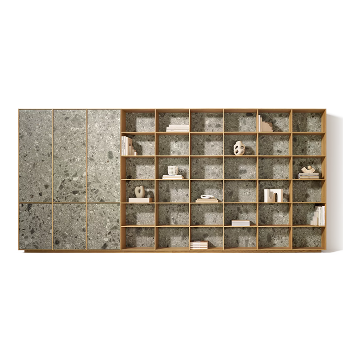 Modern solid wood shelving filigno in natural oiled oak with MDi iseo gries doors and back panels