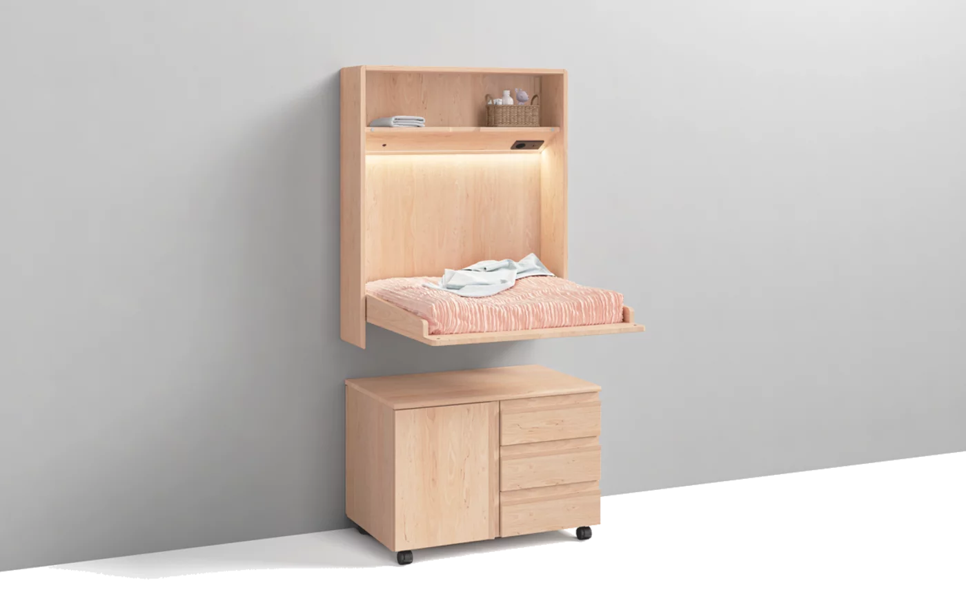 stabiles Wandmodul kids beleuchtet in Erle Weißöl massiv zuklappbar mit Rollcontainer