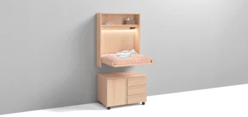 stabiles Wandmodul kids beleuchtet in Erle Weißöl massiv zuklappbar mit Rollcontainer