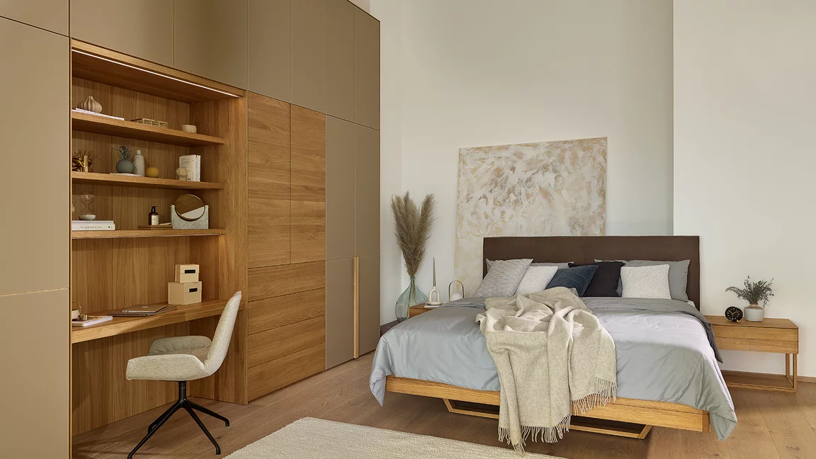 float free standing bedside cabinet in oak with large drawer together with the comfortable float bed