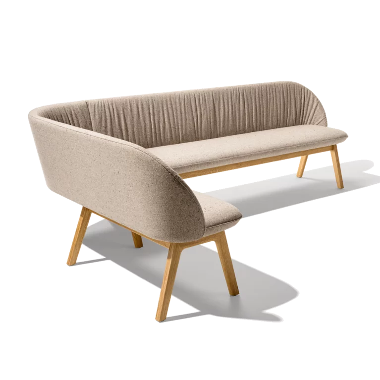 flor upholstered chairs in fabric with wooden frame in white alder, taso table and the flor bench