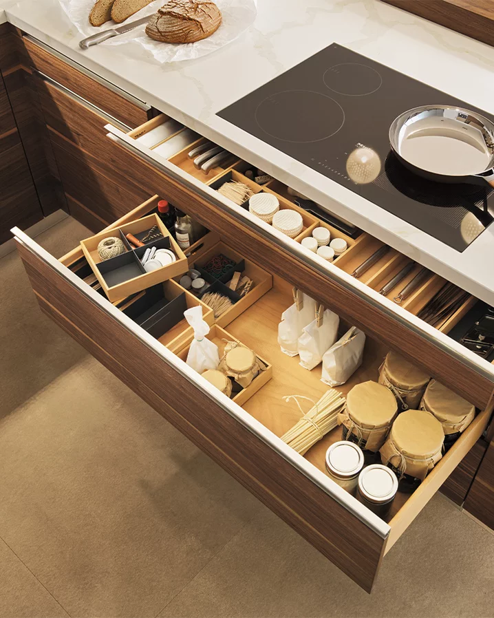natural wood kitchen linee in walnut large drawers with drawer dividers