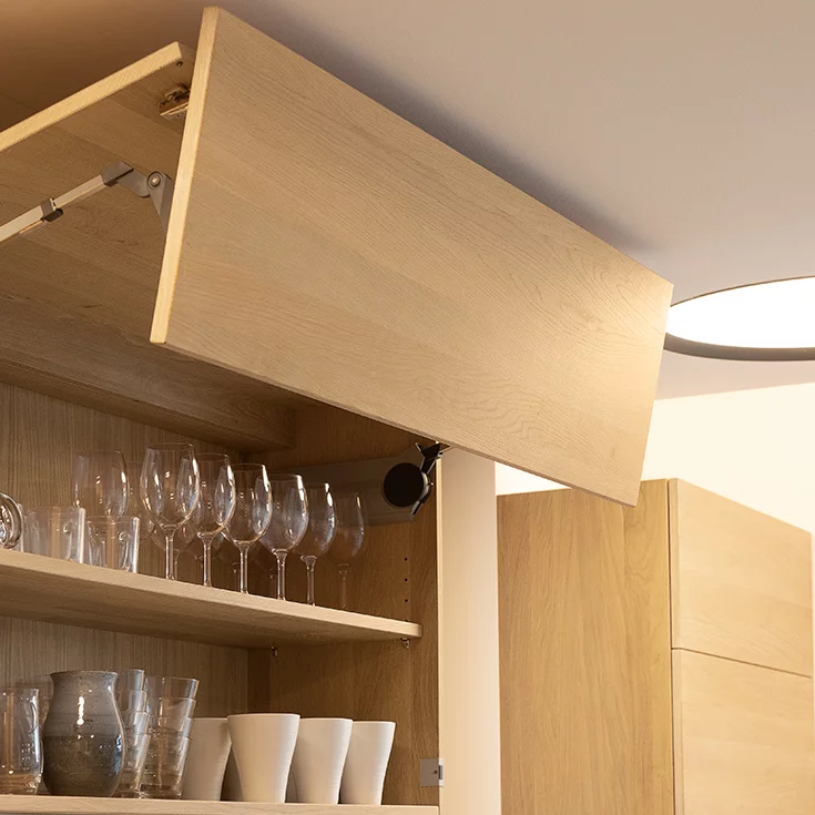 k7 island with linee wall unit in oak white oil and wall unit with flap