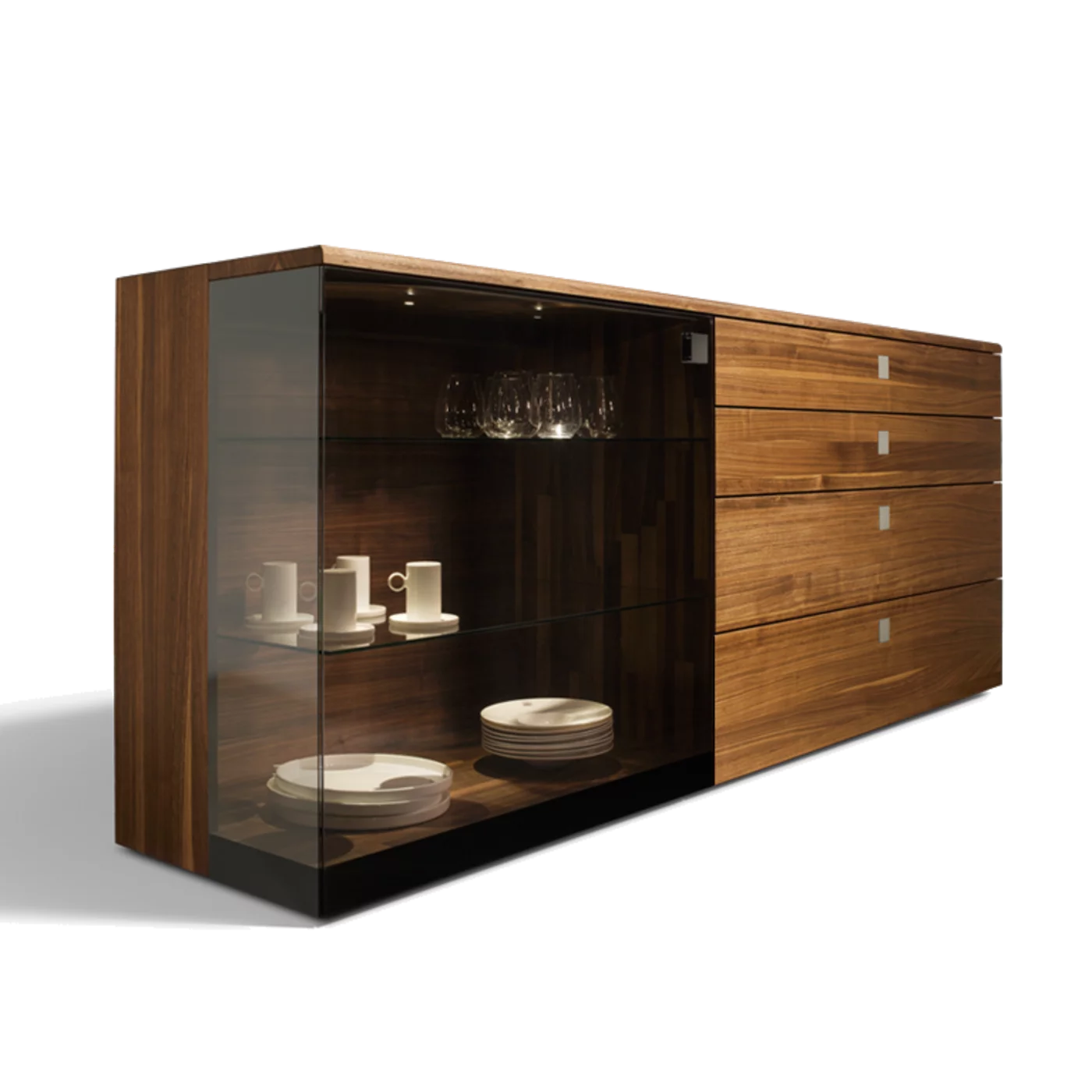 edele Anrichte nox in Nussbaum massiv mit Glasfront