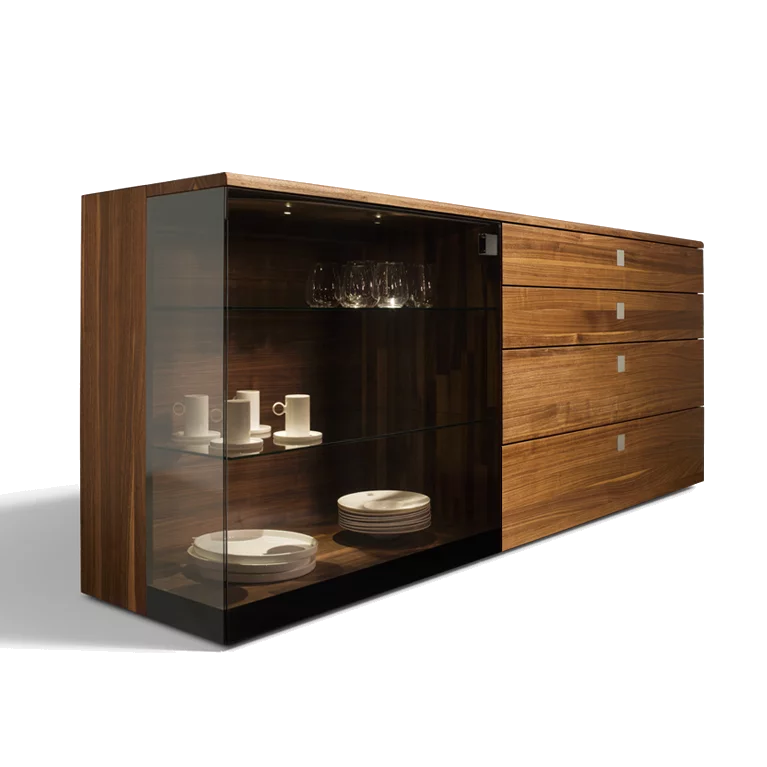 edele Anrichte nox in Nussbaum massiv mit Glasfront