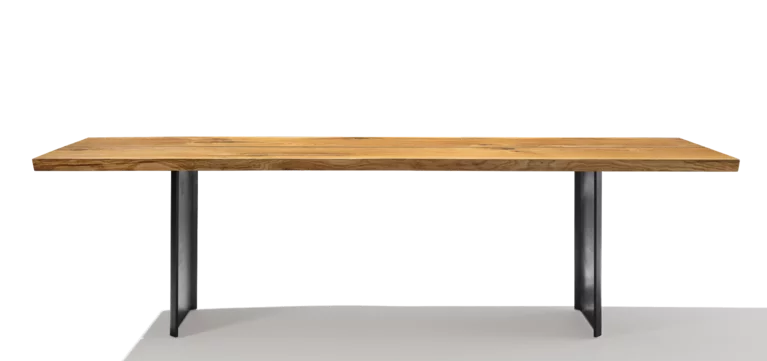 echt.zeit solid wood dining table in rustic brushed oak with burnished steel frame, side view