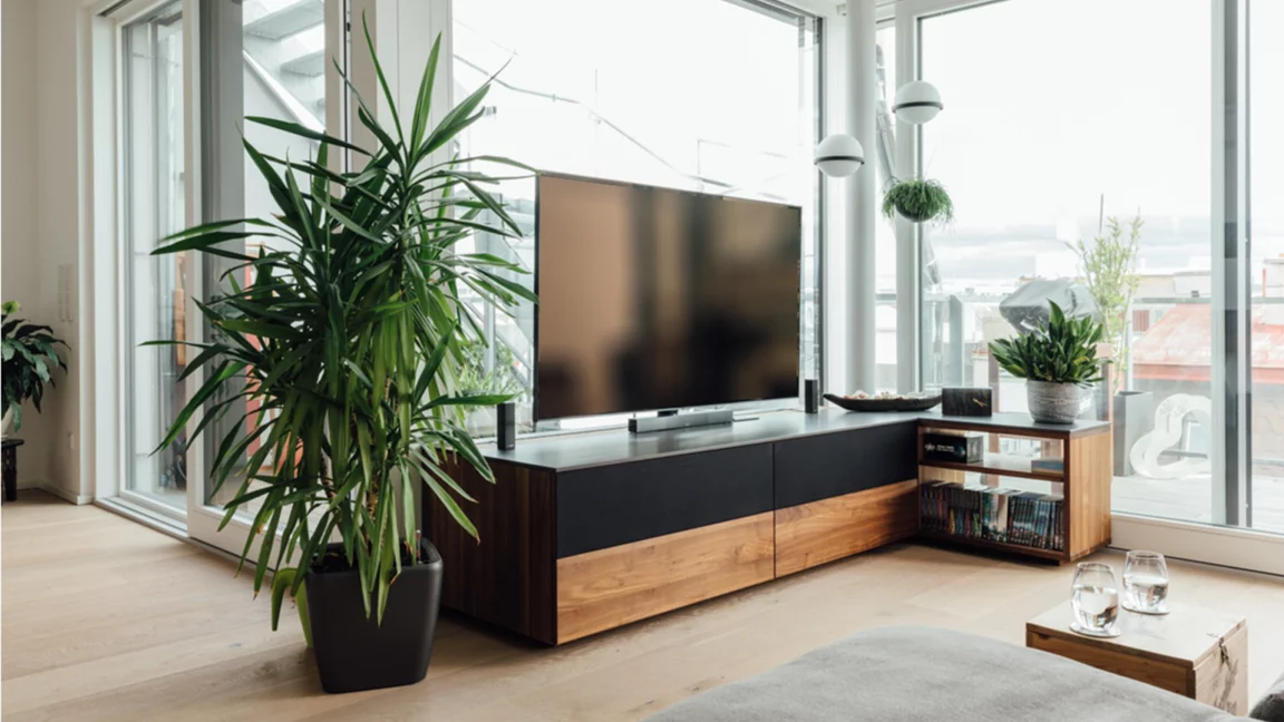 cubus Home Entertainment in solid walnut with fabric flap