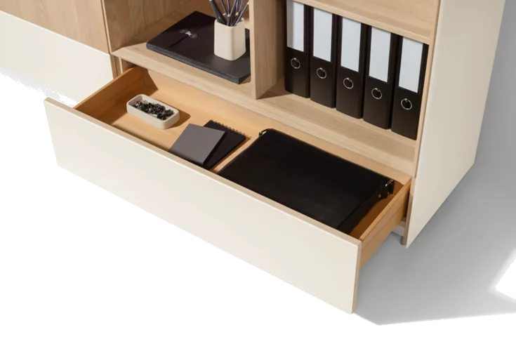 Sideboard made of solid wood and coloured glass with drawer, detailed view cubus pure sideboard made of solid wood and coloured glass with drawer, detailed view