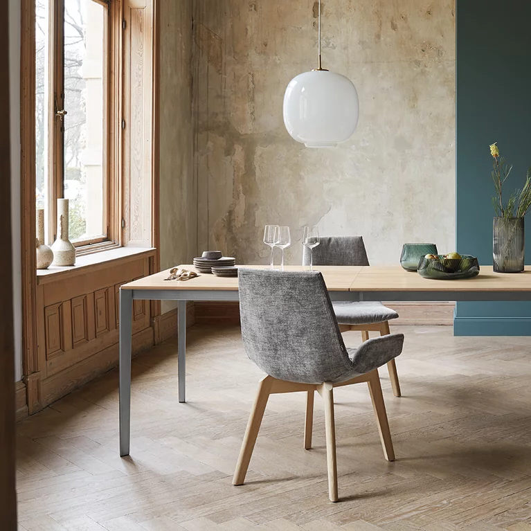 lui chair family in fabric with wooden frame and dining table tak