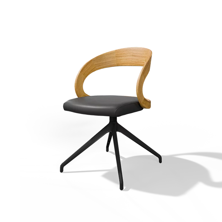 modern girado dining chair in oak with leather seat and swivel base in matt black