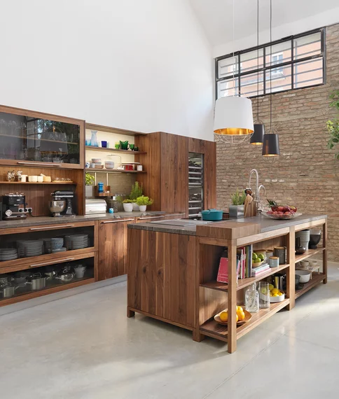kitchen unit with cooking island loft in wild walnut real wood fronts in smoked glass with metal handles in stainless steel finish