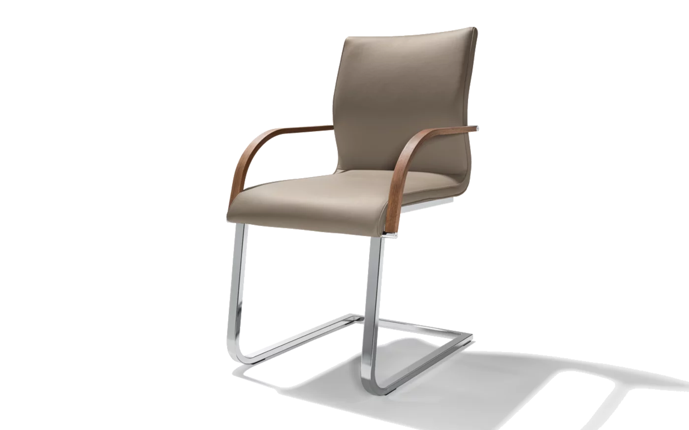 magnum upholstered leather swing chair with armrests in walnut and glossy frame