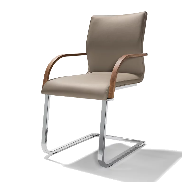 magnum upholstered leather swing chair with armrests in walnut and glossy frame