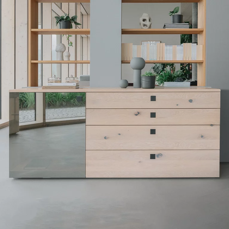 modern nox sideboard in oak white oil with glass front