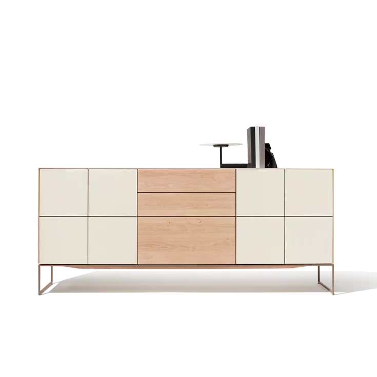 elegant cubus pure sideboard in alder white oil and glass with metal frame, detailed picture