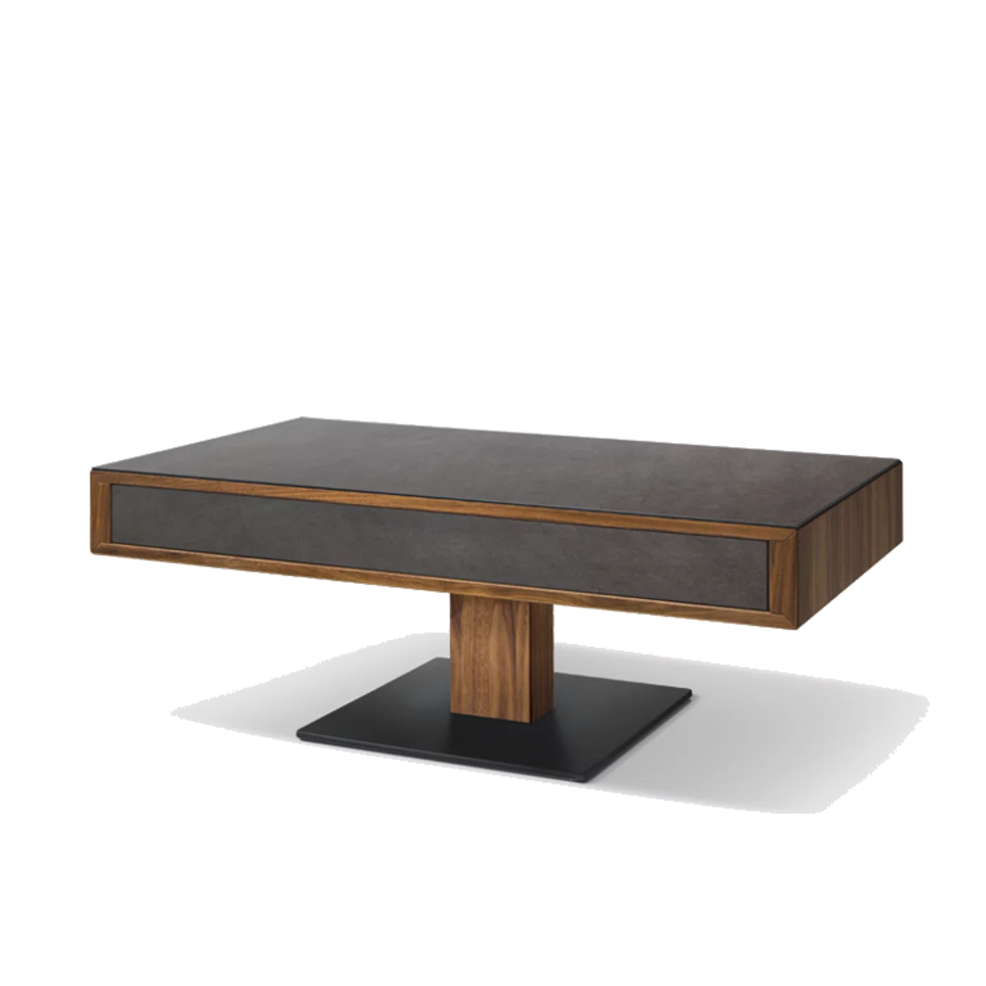 moderner lift Couchtisch in Nussbaum massiv mit Keramikfront basalt black