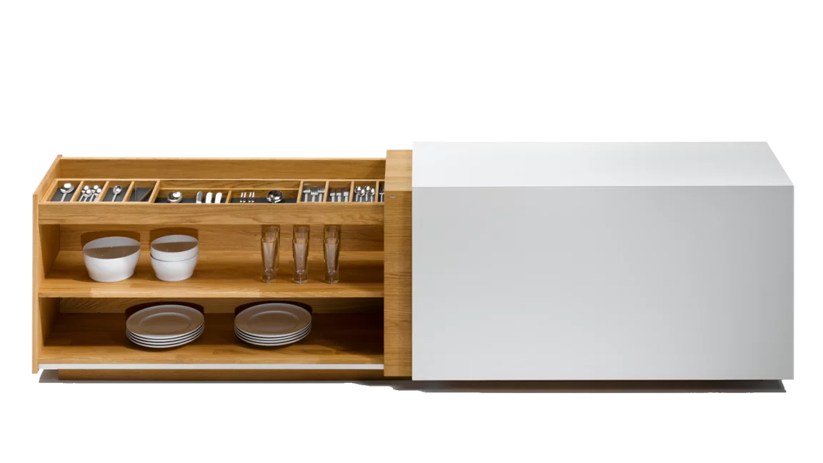 Modern cubus sideboard in solid oak and white coloured glass with open angled sliding door and cutlery tray