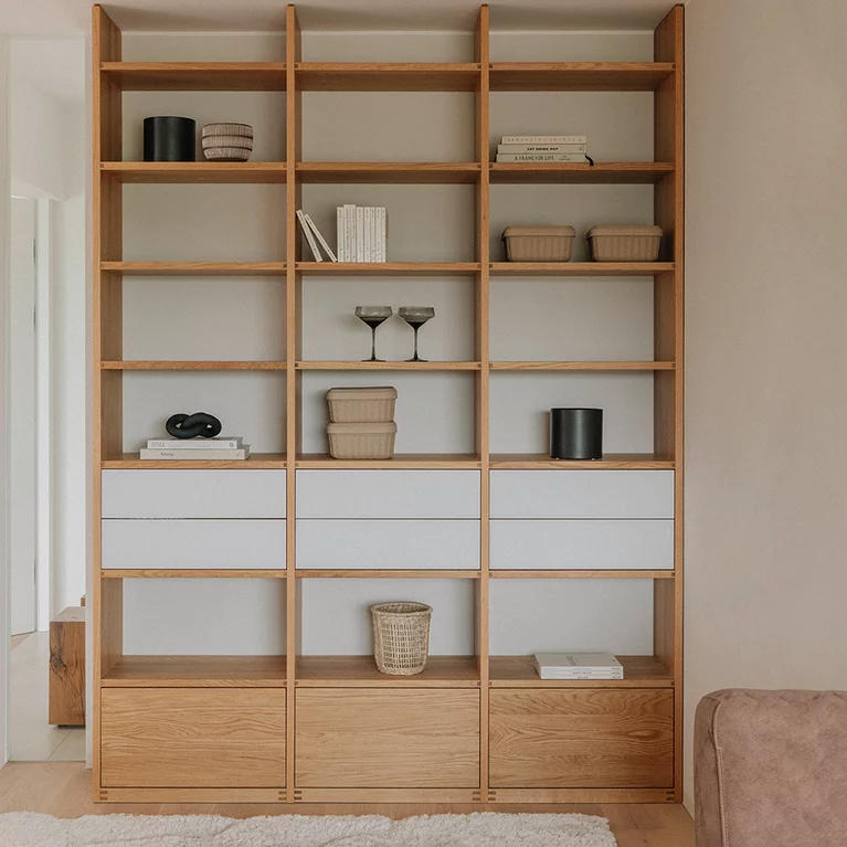 cubus solid wood shelving unit with coloured glass fronts in natural oak oil