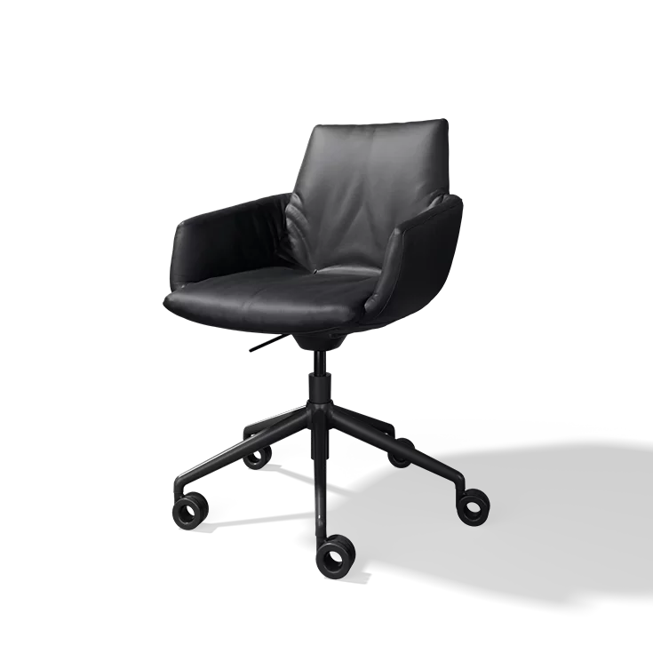 lui léger office swivel chair with leather upholstery on a black swivel base with castors