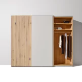soft sliding door wardrobe in wild oak white oil with coloured glass front open