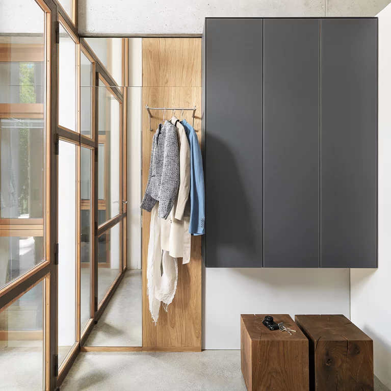 wardrobe cubus pure in oak with anthracite coloured glass fronts matching smoked oak blocks
