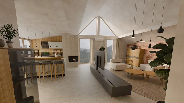 Tailor-made room concept with open living from kitchen and living room in a rendering at TEAM 7 Ried