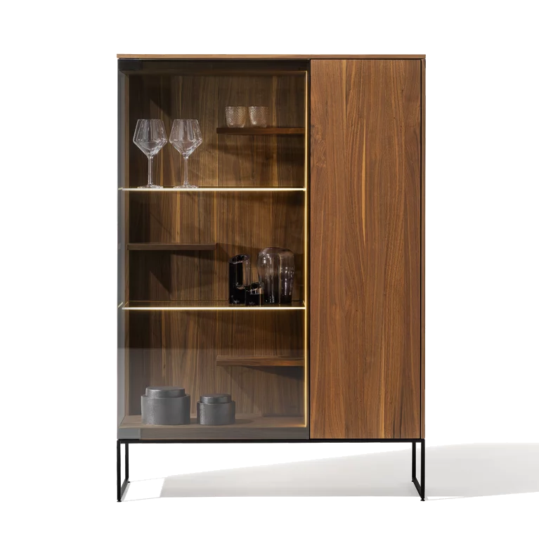 modern filigno highboard made of solid walnut with smoked glass, framed by a black metal frame